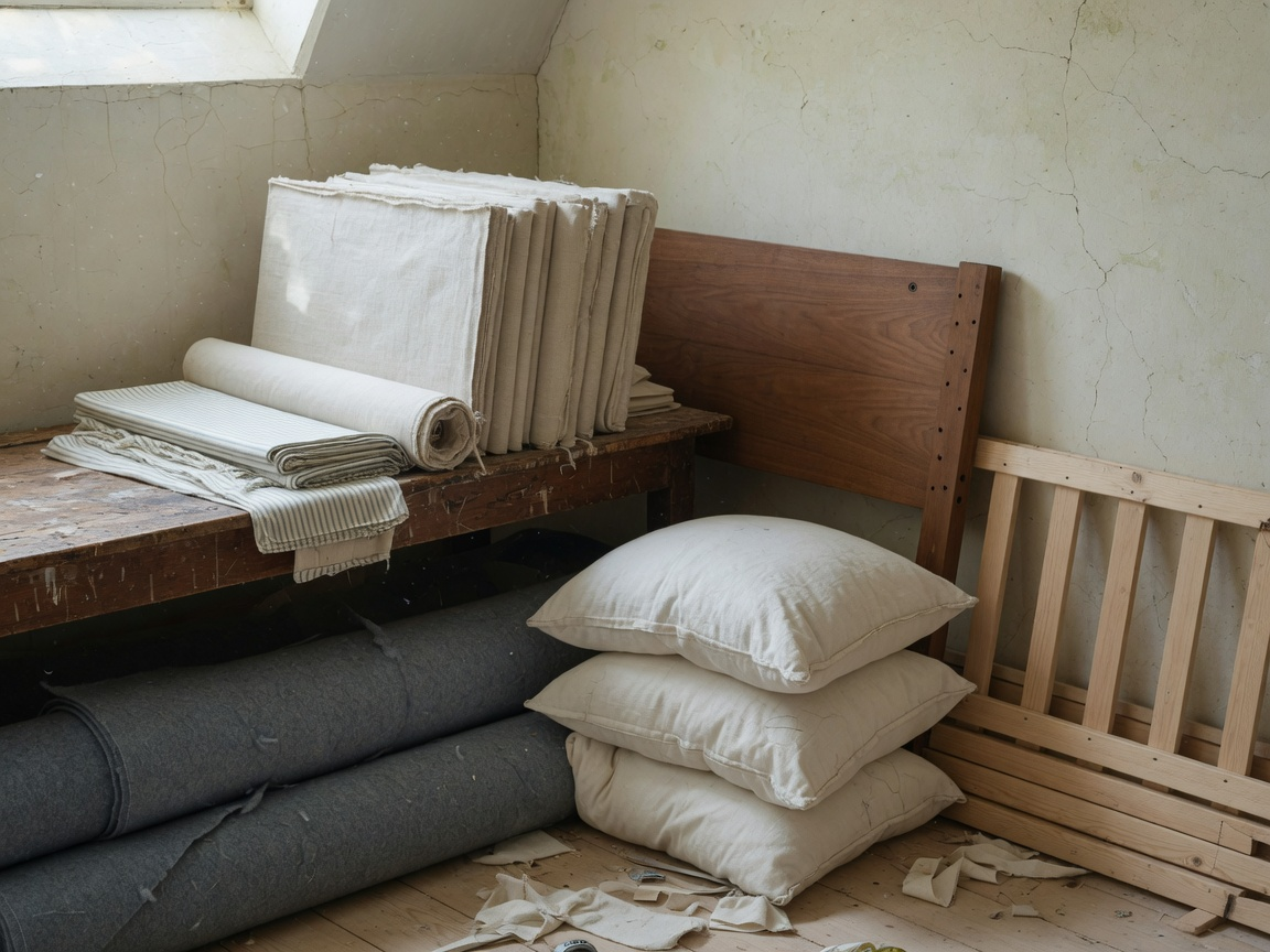Walnut headboard, stacked linen pillows, and slatted bed rails beside folded sheets in a bedroom